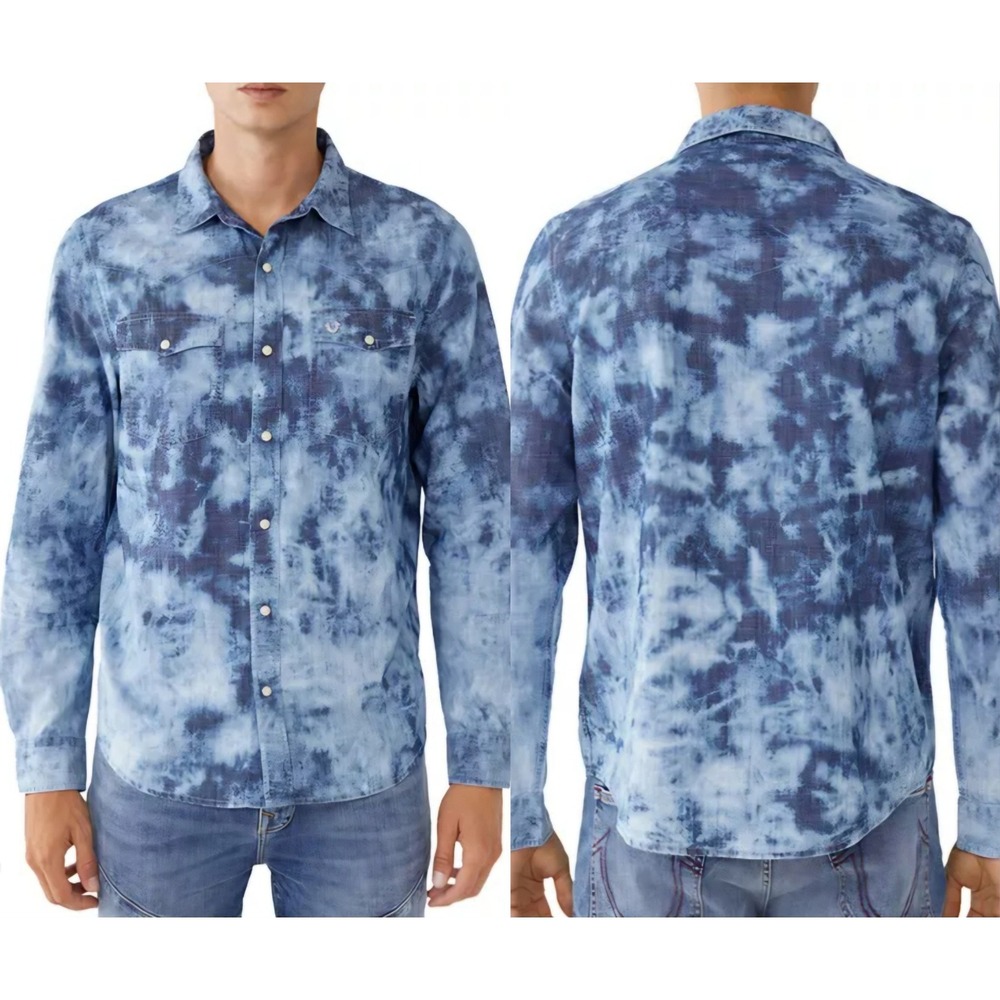 True Religion Tie Dye Western Shirt Indigo Bleached Snap Button Denim